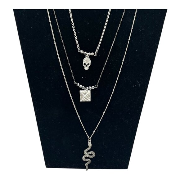 Target 3pc Layered Necklace Set With Skull Snake & Square Charms Silver Tone - Picture 2 of 15